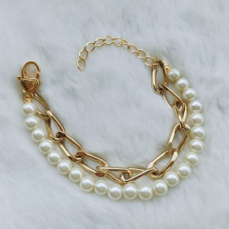 Pulseira Corrente Dourada e Pérolas