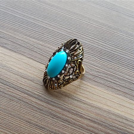 Anel Ouro Envelhecido Pedra Resina Turquesa e Strass