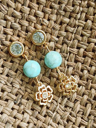 Brinco Flor com Pedras Turquesa e Ponto de Luz
