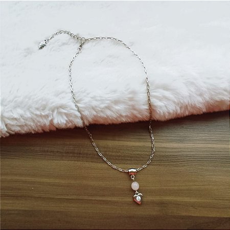 Colar Corrente Cartier Pingente Coração e Quartzo Rosa