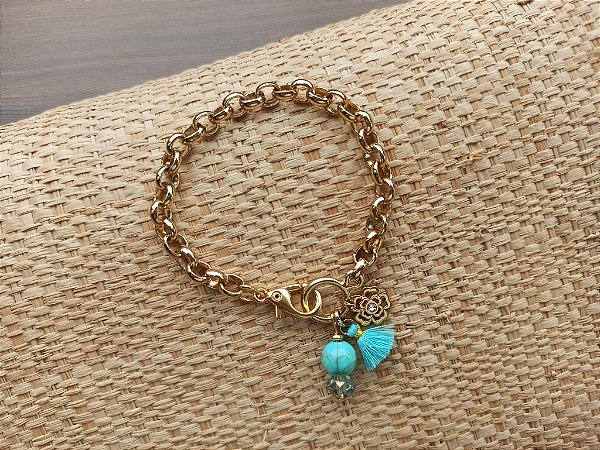 Pulseira de Corrente Pedra Turquesa Pingente Flor e Ponto de Luz