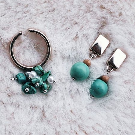 Conjunto Brinco e Anel Pedras Turquesa