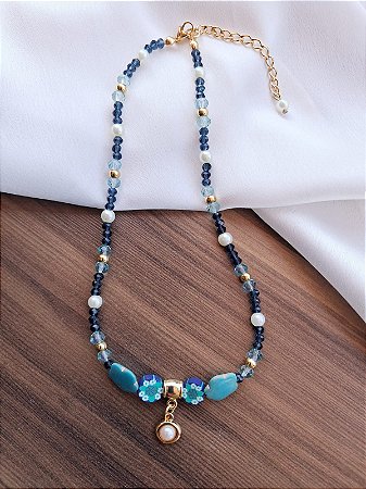 Colar Choker Cristais Pingente Pérola
