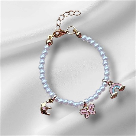 Pulseira Infantil de Pérolas Pingentes Borboleta Coroa e Arco Íris