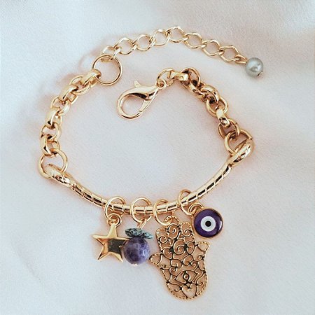 Pulseira com Pingentes de Proteção Mão de Fátima Olho Grego e Pedra Sodalita