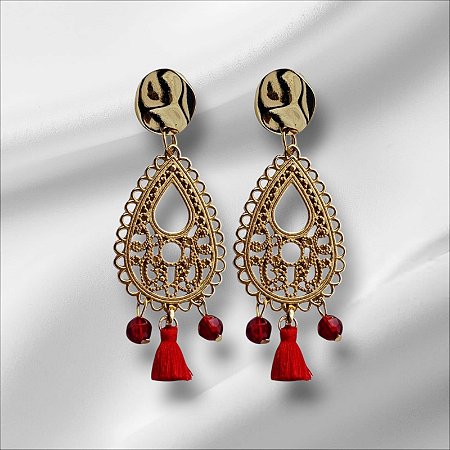 Brinco Boho Dourado com Tassel e Cristais