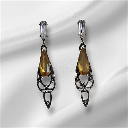 Maxi Brinco Ouro Envelhecido Pedra Amarela e Strass