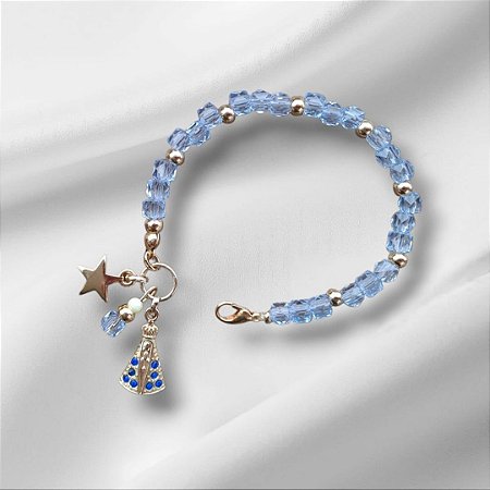 Pulseira de Cristais Azul com Pingente Nossa Senhora Aparecida e Estrela | Coleção Fé