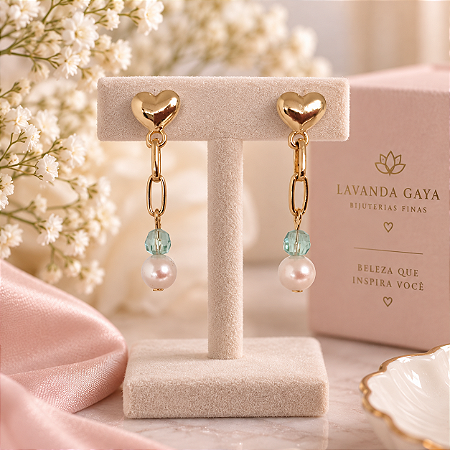 Brinco de Coração e Pérola com Cristal Azul Tiffany