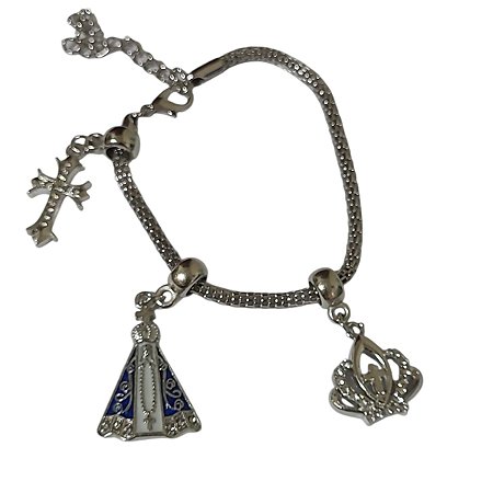 Pulseira de Metal Prateado Nossa Senhora Aparecida Com Berloque