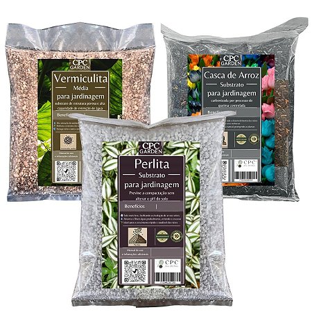 Kit Substrato Perlita, Vermiculita e Casca de arroz Carbonizada