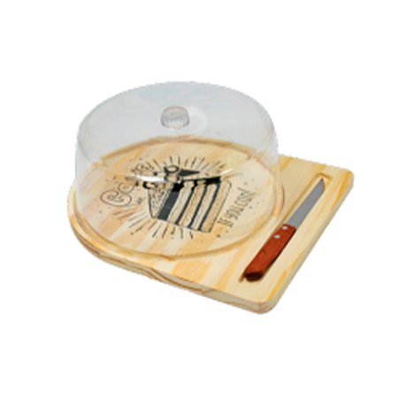 Kit Boleira de Madeira com Faquinha (Natural) Tampa Acrílico cx c/3 peças R-KBNF