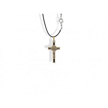 COLAR CRUZ METAL C/ SAO BENTO PEQ RES PRETA DOURADO