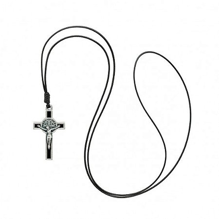 COLAR CRUZ METAL C/SAO BENTO PEQ RES PRETA PV CORDAO ENC