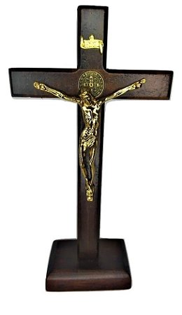 Crucifixo de mesa natural São Bento Verniz Fosco 18 cm