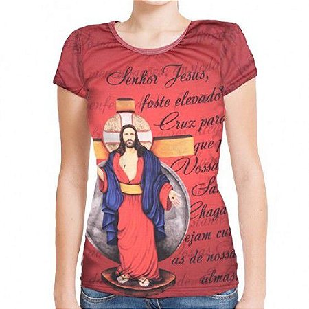 CAMISETA FEMININA VERMELHA SANTAS CHAGAS C/ ORAÇÃO