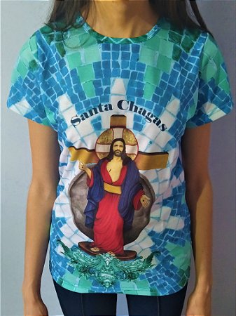 Camiseta Jesus das Santas Chagas Azul e Verde