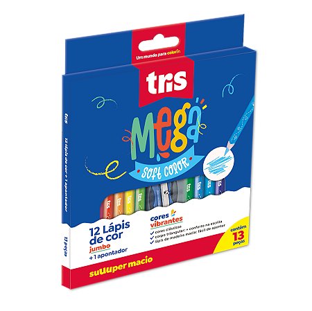 Lápis De Cor Jumbo Mega Soft Color – 12 Cores + Apontador – Tris