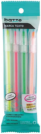 Marca Texto Bazze 4 Cores Neon Ponta Chanfrada Lavável Kit