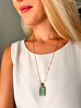 Colar Perfumeiro Pedra Quartzo Verde Ouro