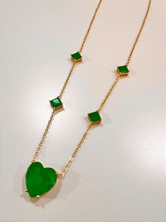 Colar Pedra Fusion Coração Verde Esmeralda Ouro