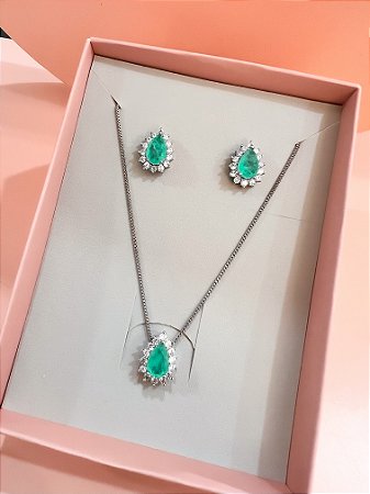 Conjunto Gotinha Verde Turmalina Ródio Branco