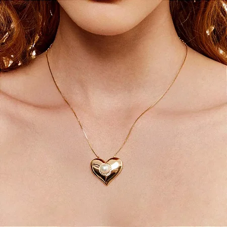 Colar Coração com Pérola Ouro