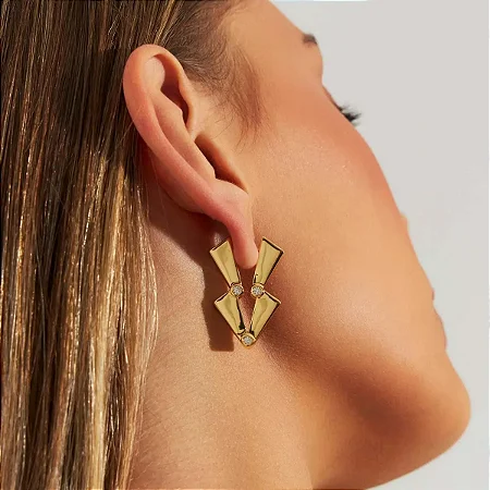 Brinco Argola Geométrica com Zircônia Ouro