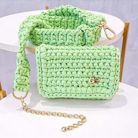 Bolsa Pochete, Cinto e Carteira de Crochê Verde Tropical - metais dourados.  - Grão Store | Loja Online de Bolsas Handmade