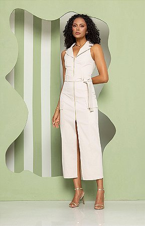 Vestido Midi Sarja com Ziper Bolso e Faixa