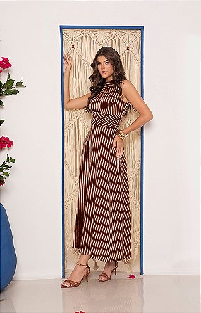 Vestido Gola Alta Longuete Listrado
