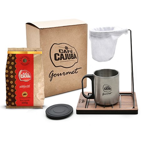 Kit 1 Cajubá Essencial Moído 250g + 1 Coador Pano com base em MDF + 1 Caneca Metálica