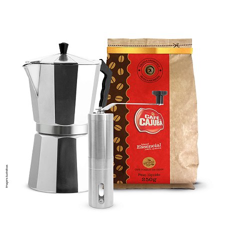 Kit 1 Cajubá Essencial Grãos 250g + 1 Moedor + 1 Cafeteira Italiana 3Xic.