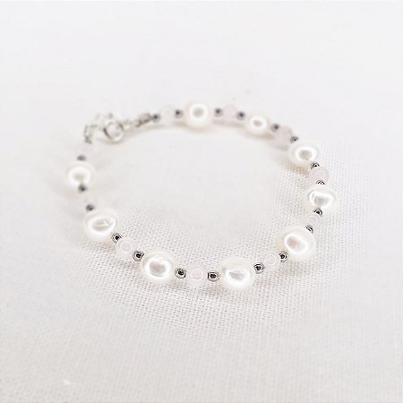 Pulseira de Pérolas, Quartzo Rosa e Hematitas