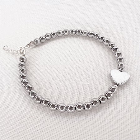 Pulseira de Esferas e Coração de Hematitas Prateadas