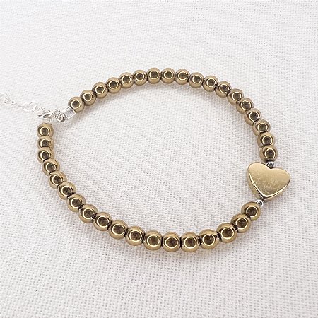 Pulseira de Esferas e Coração de Hematitas Douradas