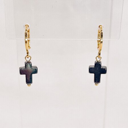 Argola c/ Pingente de Cruz de Hematita Natural Gold