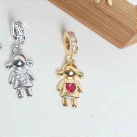 Pingente menino/a liso com coração zircônia rubi