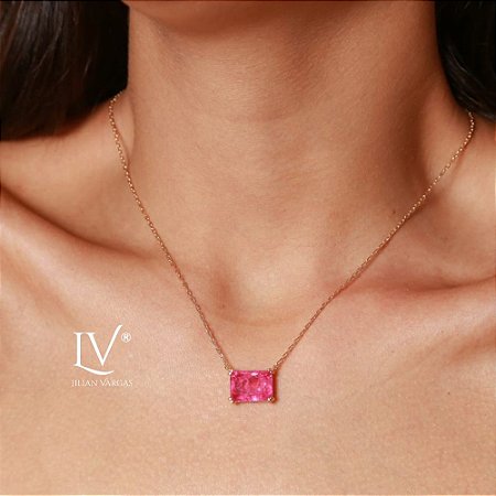 Colar com corrente mini elo e pingente pedra fusion rosa