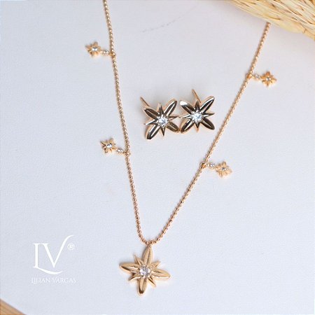 Colar corrente bolinha pingente blossom e brincos