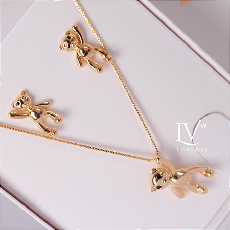 Colar e Brincos com pingente de Ursinho liso