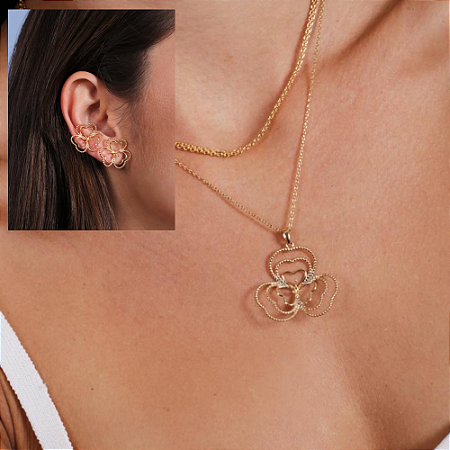 Conjunto colar e brincos flor