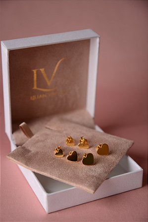 Trio de brincos de coração liso de tarracha