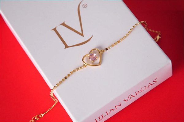 Pulseira coração pedra rosa