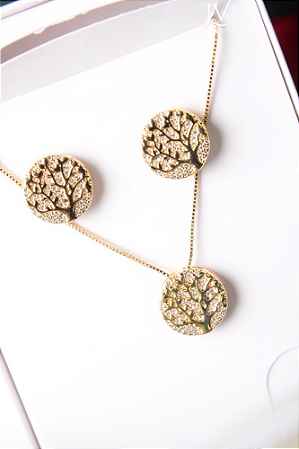 Conjunto colar e brinco arvore da vida cravejado