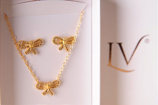 Conjunto colar e brincos lacinho cravejado