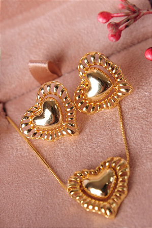 Conjunto colar e brinco coração liso