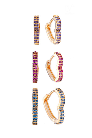 Trio de brincos coração cravejado colorido