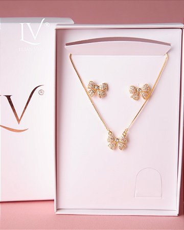 Conjunto lacinhos cravejados - colar + brincos
