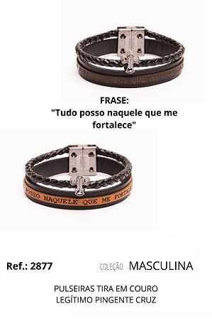 Pulseira em couro legítimo com trança e pingente Cruz